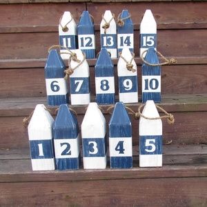 Set of 15 Wooden Table Number Buoys - Blue & White